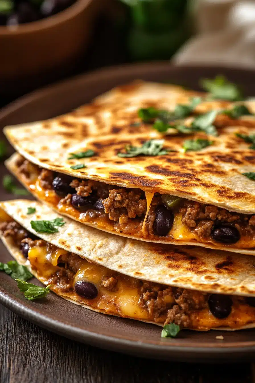 Close-up of a high protein ground beef quesadilla with melted cheese and crispy edges.