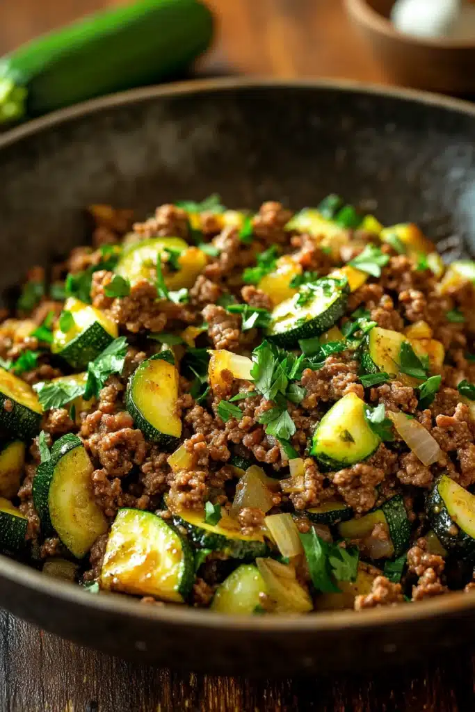 Close-up of a high protein ground beef zucchini dish with vibrant colors and textures.