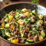Close-up of a high protein ground beef zucchini dish with bright natural lighting.