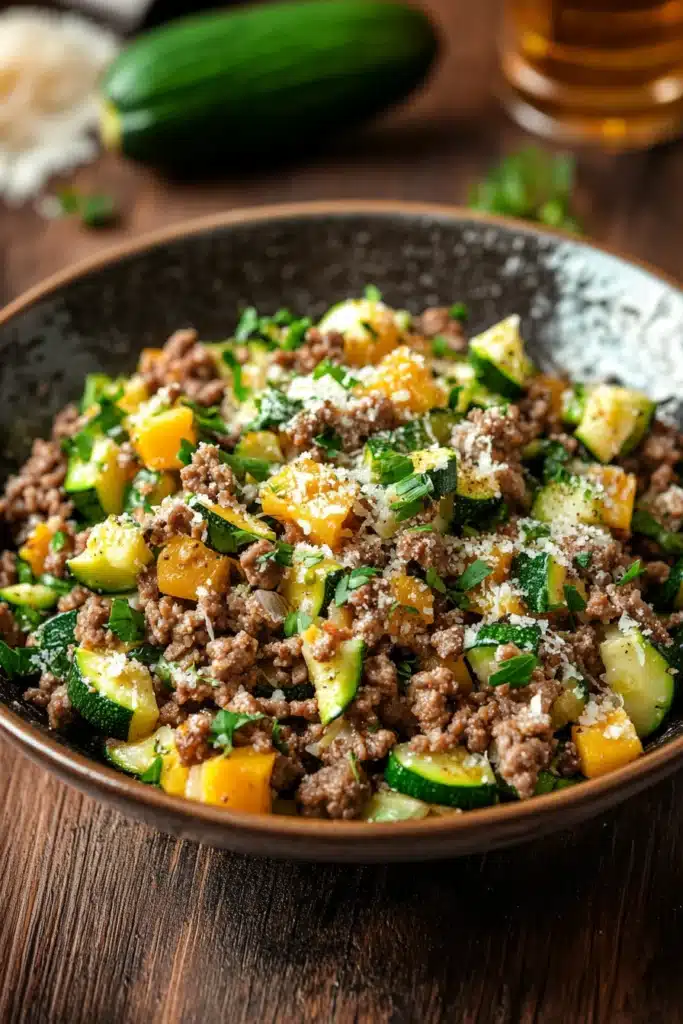 Close-up of a high protein ground beef zucchini dish with bright natural lighting.