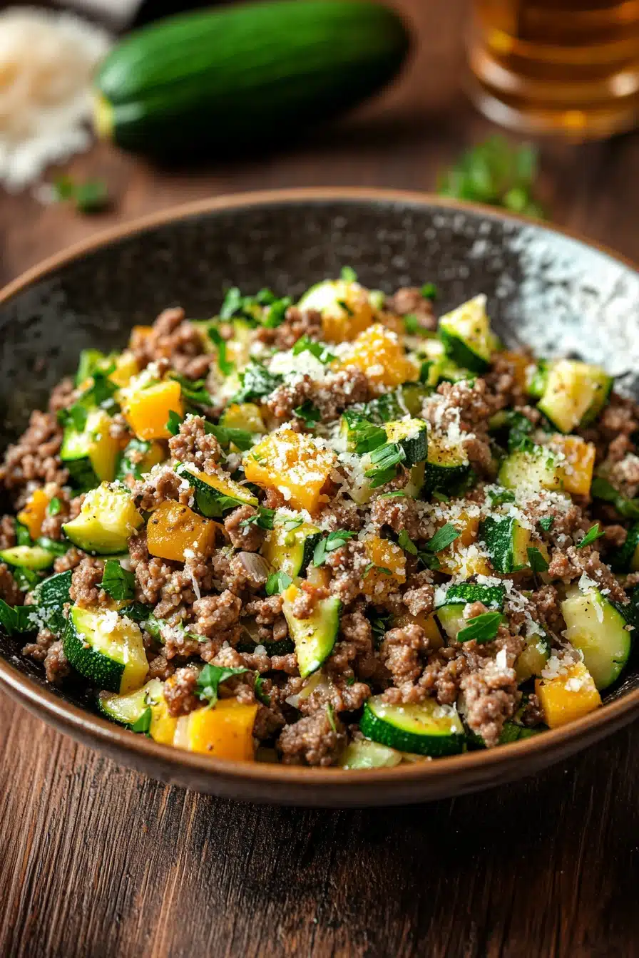 Close-up of a high protein ground beef zucchini dish with bright natural lighting.