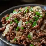 Close-up of a high protein Korean beef dish with vibrant colors and textures.