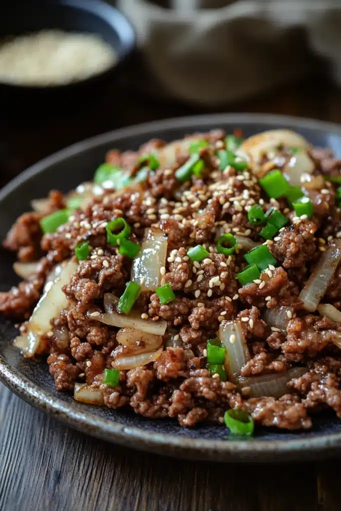 Close-up of a high protein Korean beef dish with vibrant colors and textures.