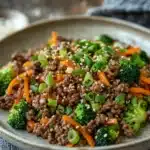 Close-up of high protein Korean beef dish with vibrant colors and garnishes