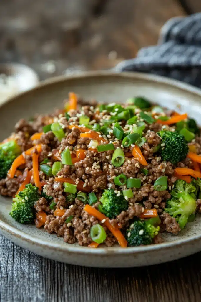 Close-up of high protein Korean beef dish with vibrant colors and garnishes