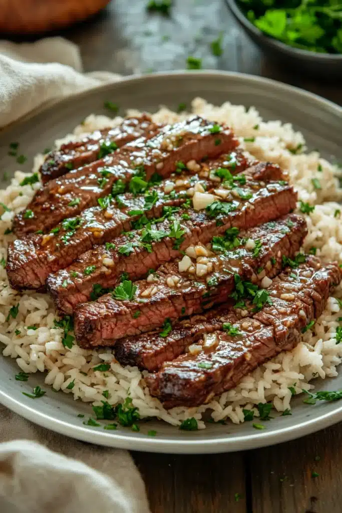 Close-up of honey butter garlic steak and rice skillet with bright, warm lighting.