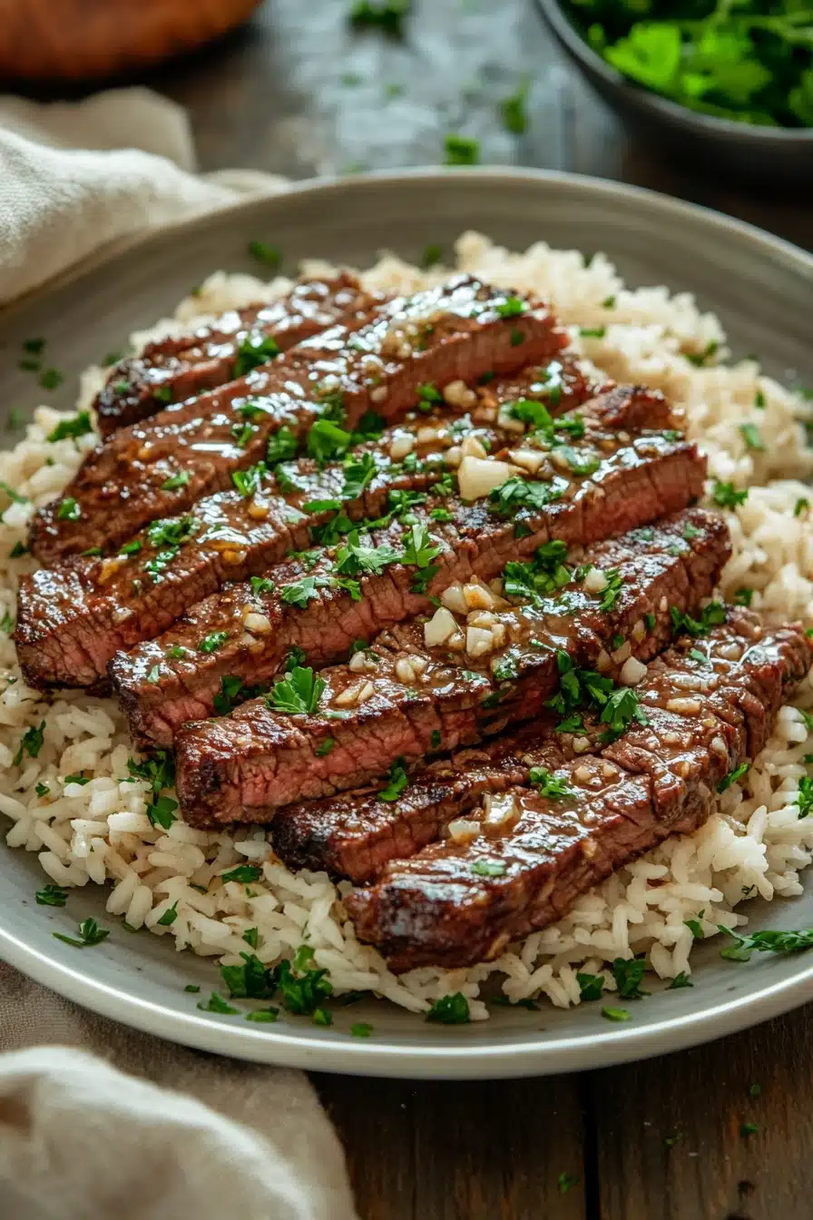 Close-up of honey butter garlic steak and rice skillet with bright, warm lighting.