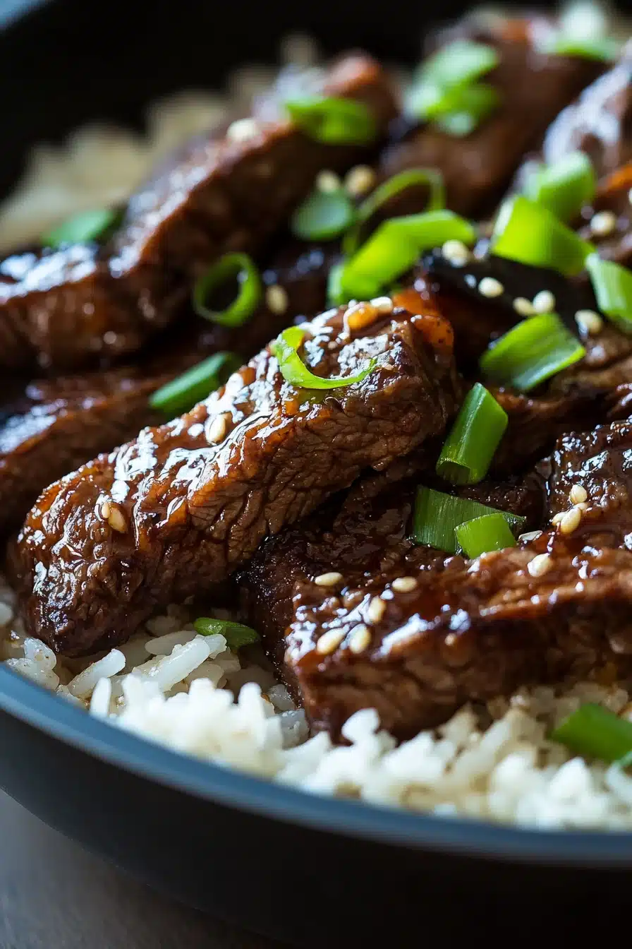 Close-up of honey butter garlic steak and rice skillet with a warm, appetizing presentation.