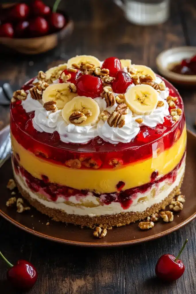 Close-up of a jello banana split cake with layers of jello, bananas, and cream.