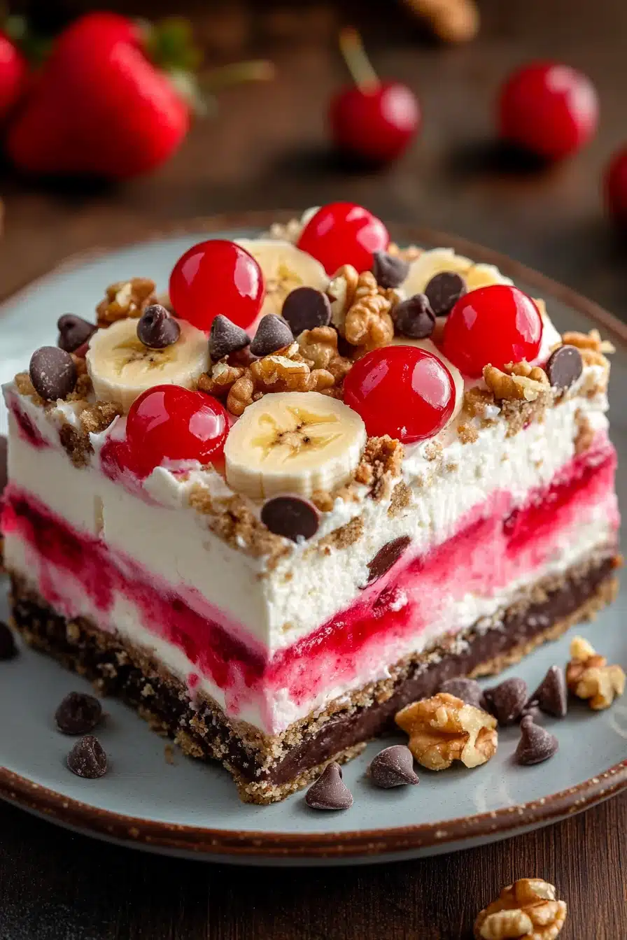 Close-up of a jello banana split cake with layers of cream and fruit