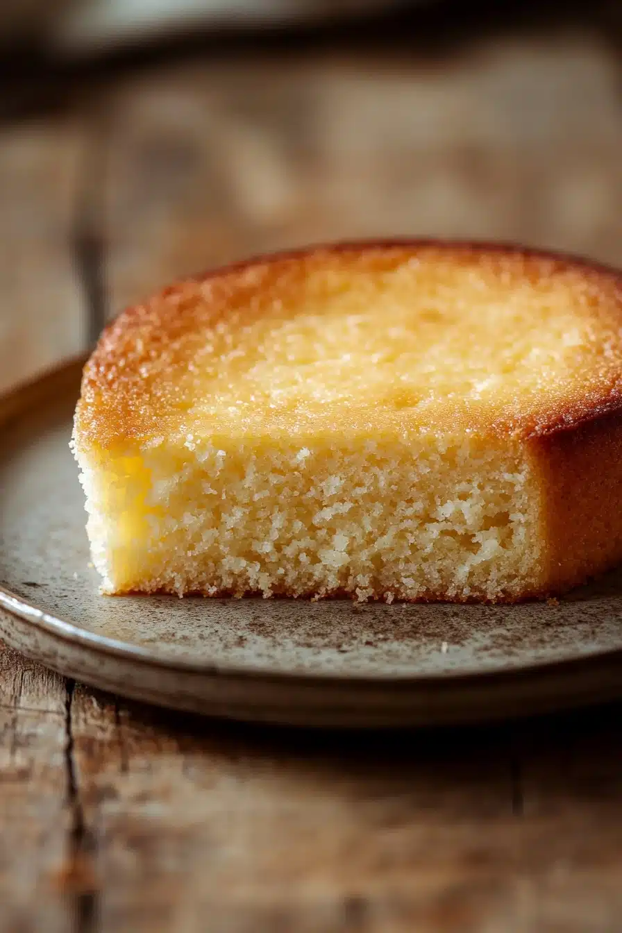 Close-up of a Kentucky vanilla butter cake with a golden crust and soft texture.