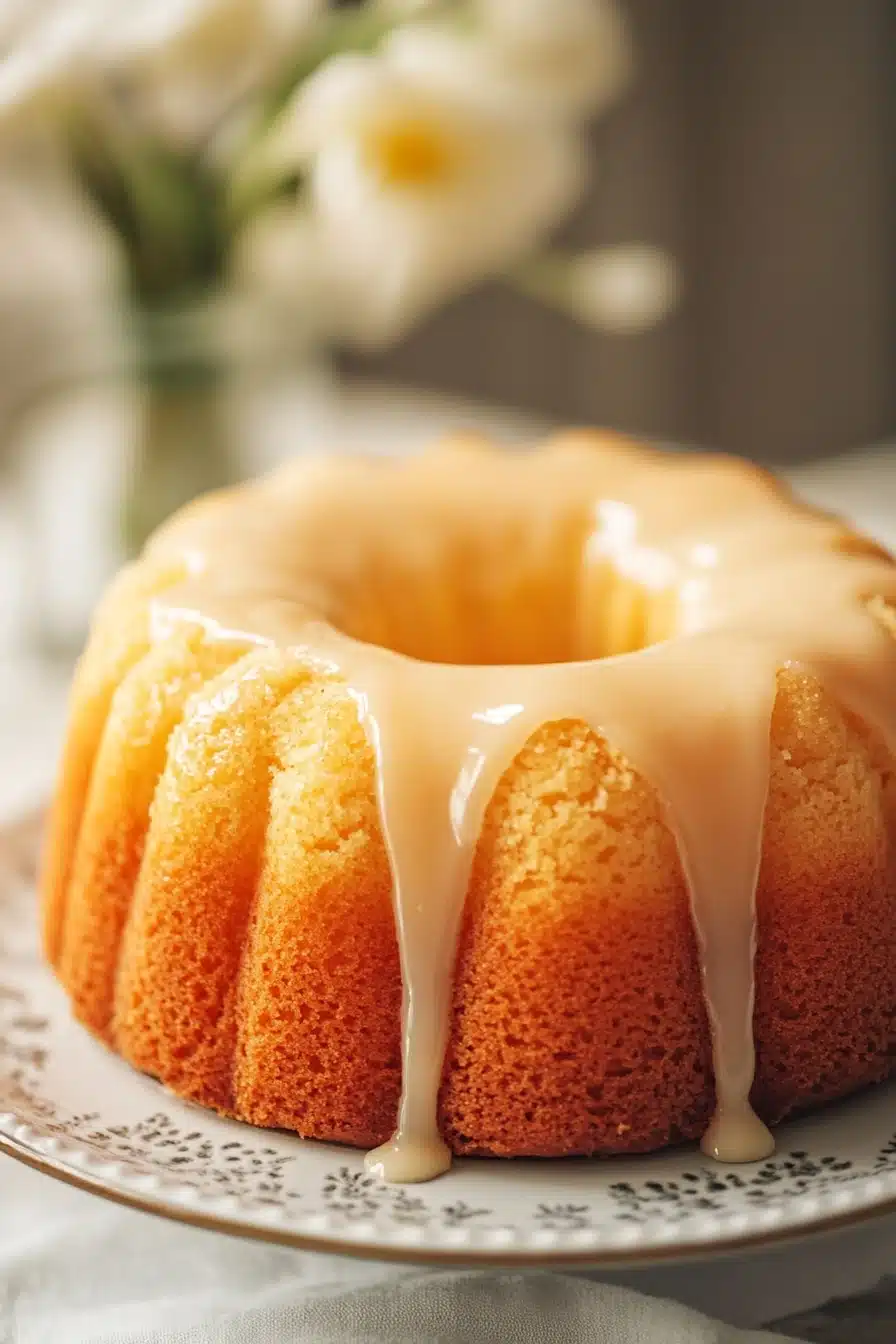 Close-up of a Kentucky vanilla butter cake with a golden crust and soft texture.