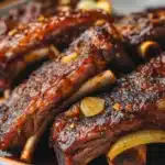 Close-up of keto beef short ribs in a crock pot with a rich, savory glaze.