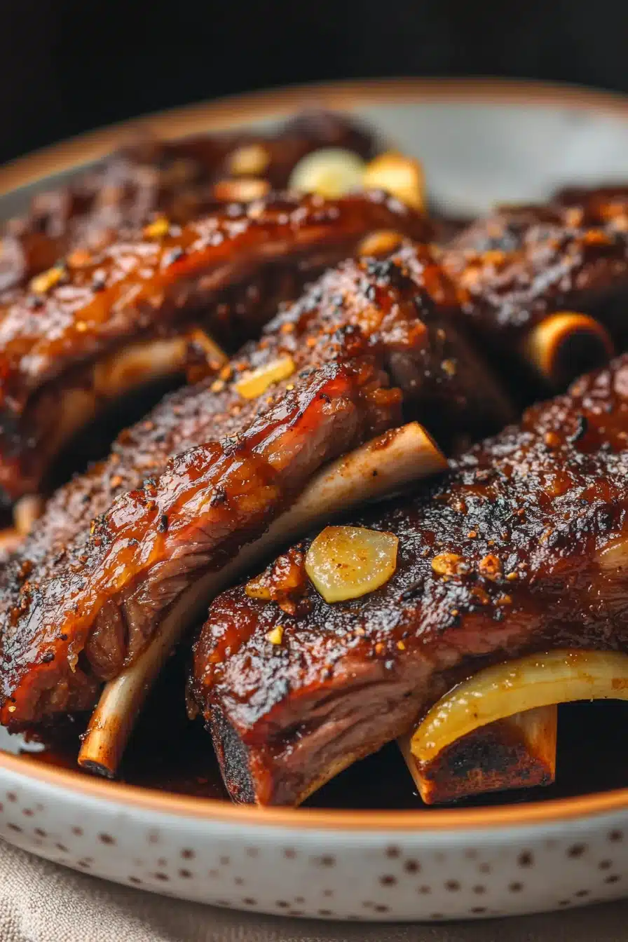 Close-up of keto beef short ribs in a crock pot with a rich, savory glaze.