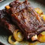 Close-up of keto beef short ribs in a crock pot with a rich sauce