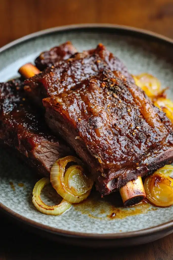 Close-up of keto beef short ribs in a crock pot with a rich sauce