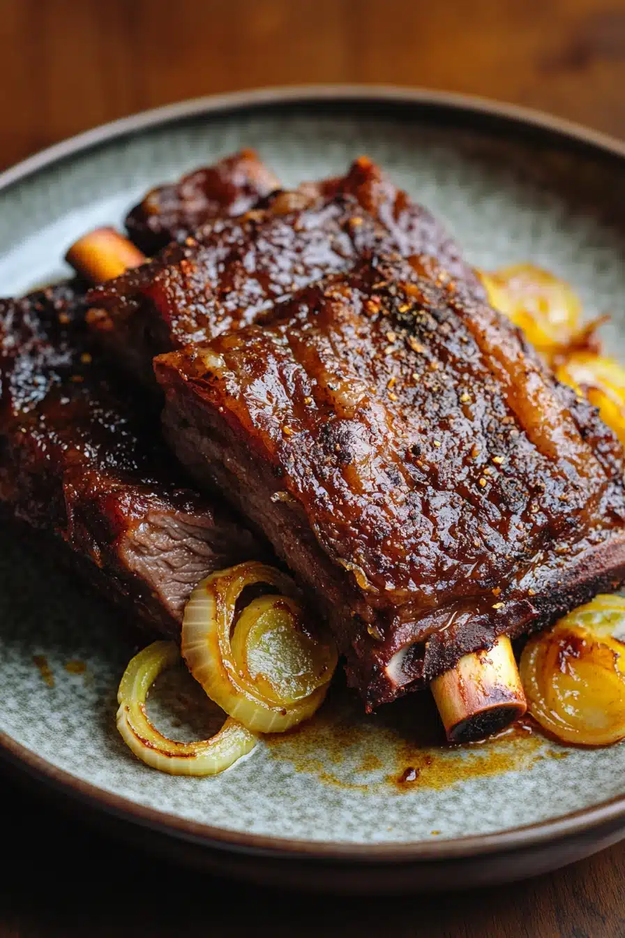 Close-up of keto beef short ribs in a crock pot with a rich sauce