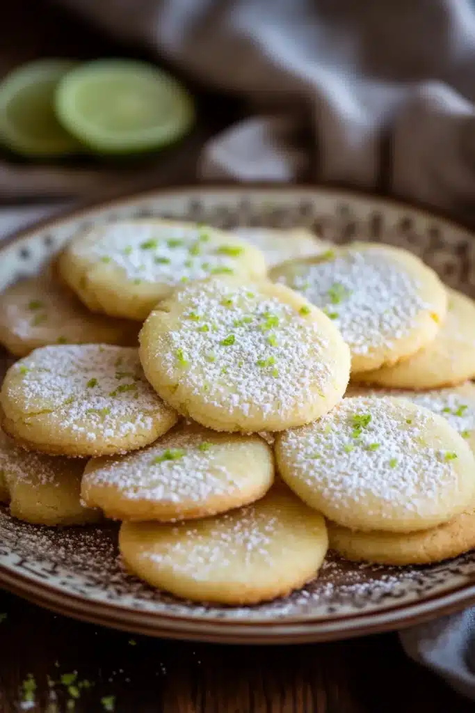 Close-up of key lime shortbread cookie with a light, crumbly texture and a hint of lime zest.