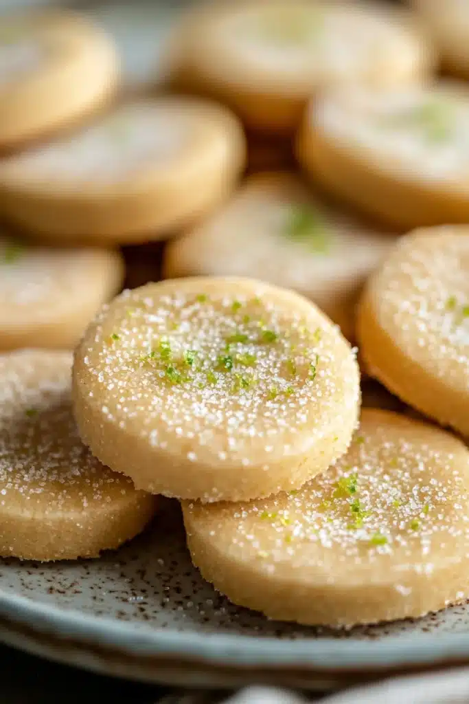 Close-up of key lime shortbread cookies on a white plate with a clean background.
