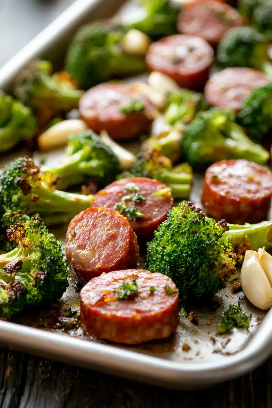 Close-up of kielbasa broccoli sheet pan dinner with vibrant vegetables and sausage.