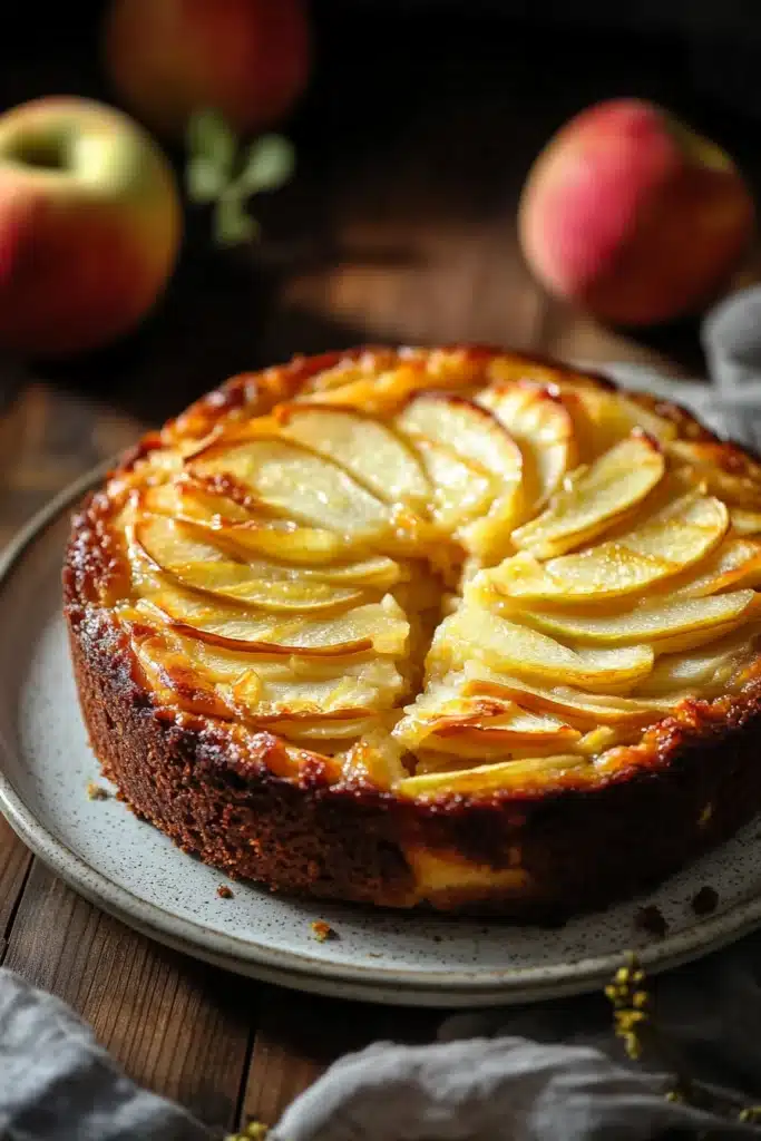Close-up of a layered apple cake with visible textures and warm lighting
