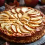 Close-up of a layered protein apple cake with visible textures and clean background