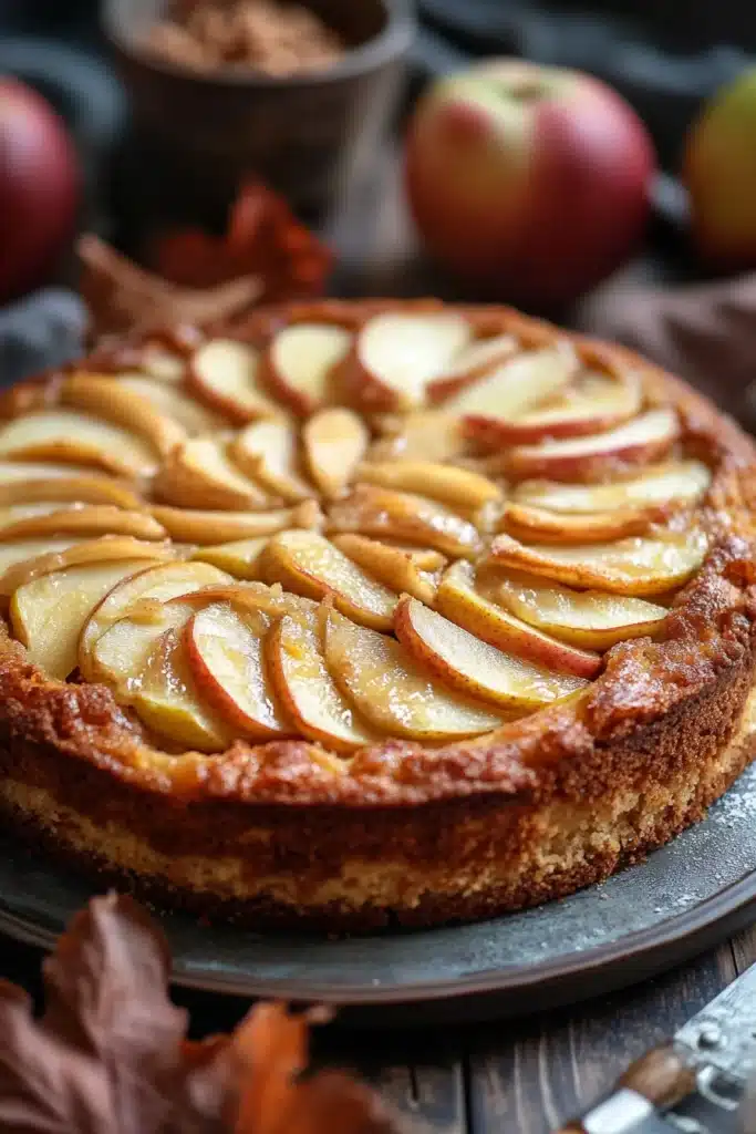 Close-up of a layered protein apple cake with visible textures and clean background