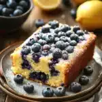 Close-up of a lemon blueberry cake with fresh blueberries and lemon slices on top