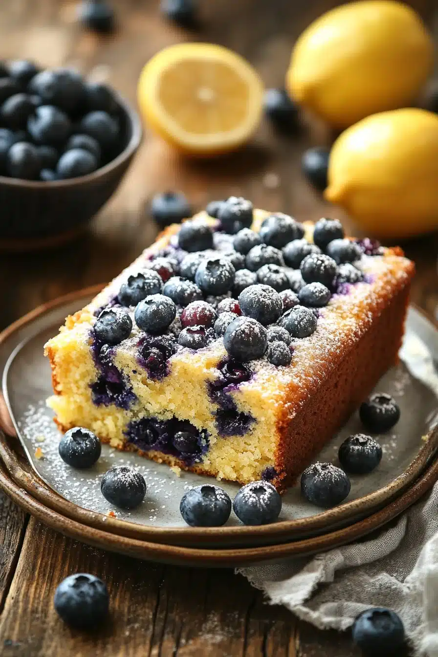 Close-up of a lemon blueberry cake with fresh blueberries and lemon slices on top