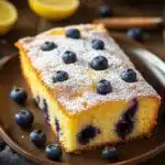 Close-up of a lemon blueberry cake with fresh blueberries and lemon slices on top.