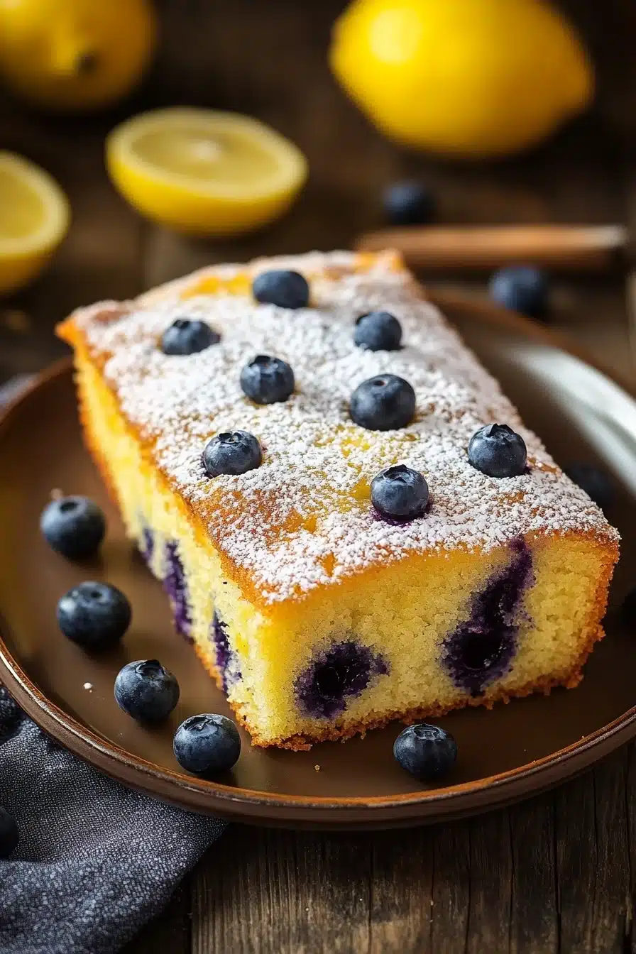 Close-up of a lemon blueberry cake with fresh blueberries and lemon slices on top.