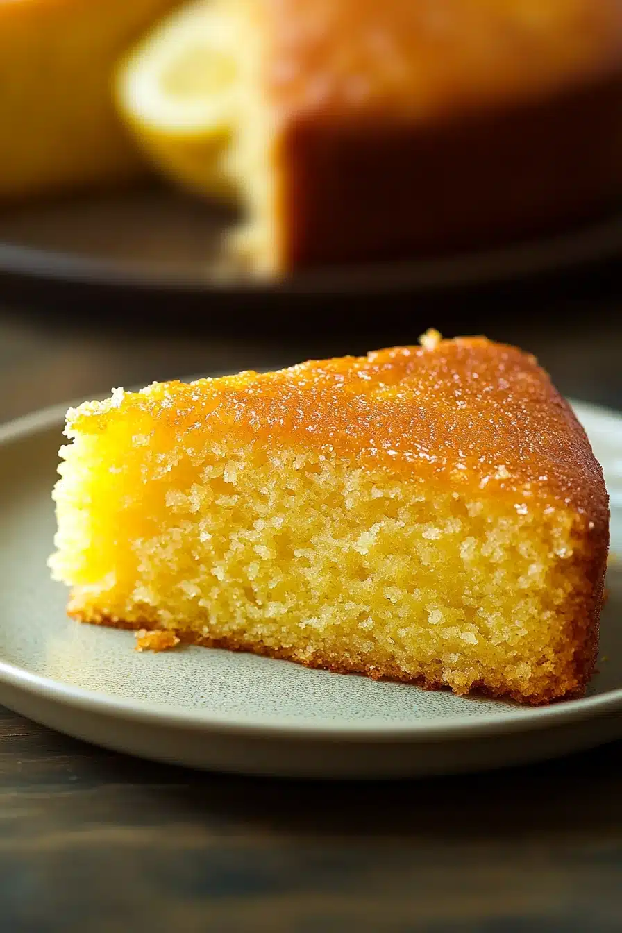 Close-up of a lemon cake with a slice cut out, showcasing its moist texture and vibrant yellow color.