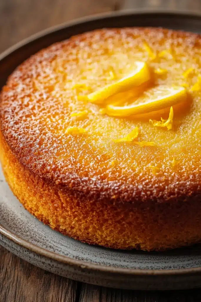 Close-up of a lemon cake with no frosting, showcasing its texture and color.
