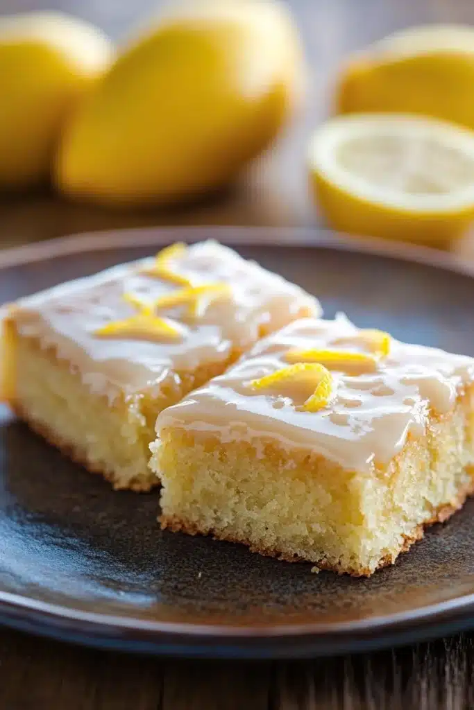 Close-up of lemon cake squares with a bright and appetizing presentation.