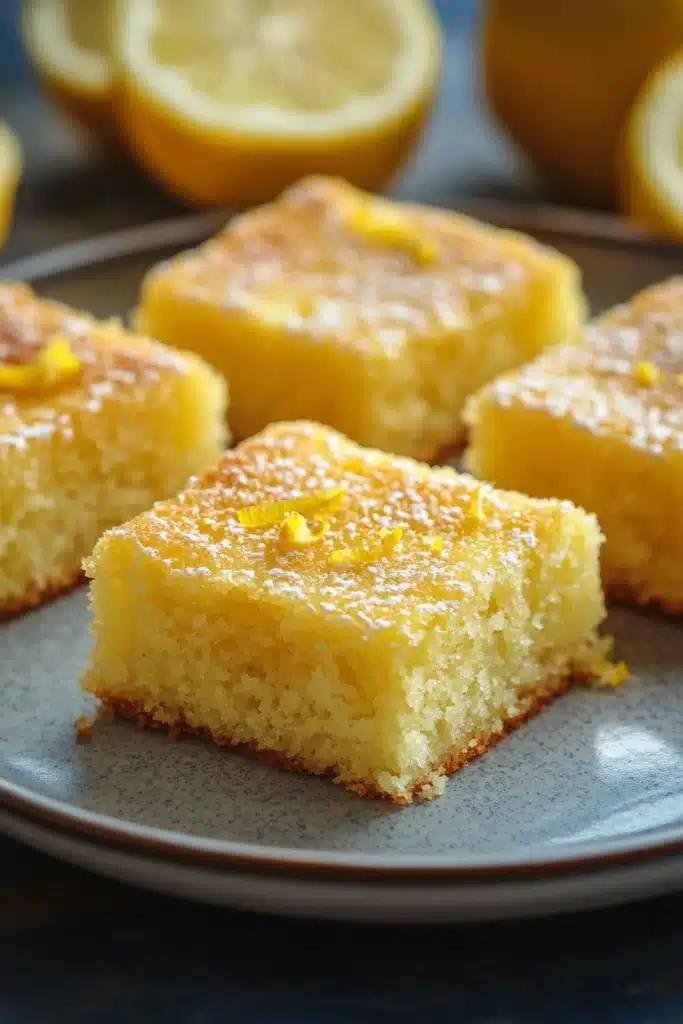 Close-up of lemon cake squares with a light dusting of powdered sugar on a white plate.