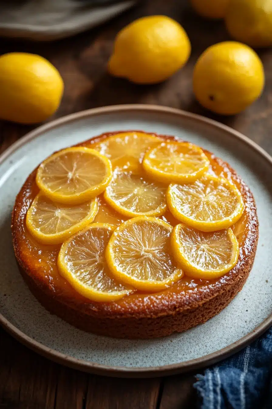 Close-up of a lemon cake upside down with bright, clear textures and minimal background.
