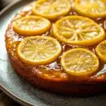 Close-up of a lemon cake upside down with bright, warm lighting and minimal background.