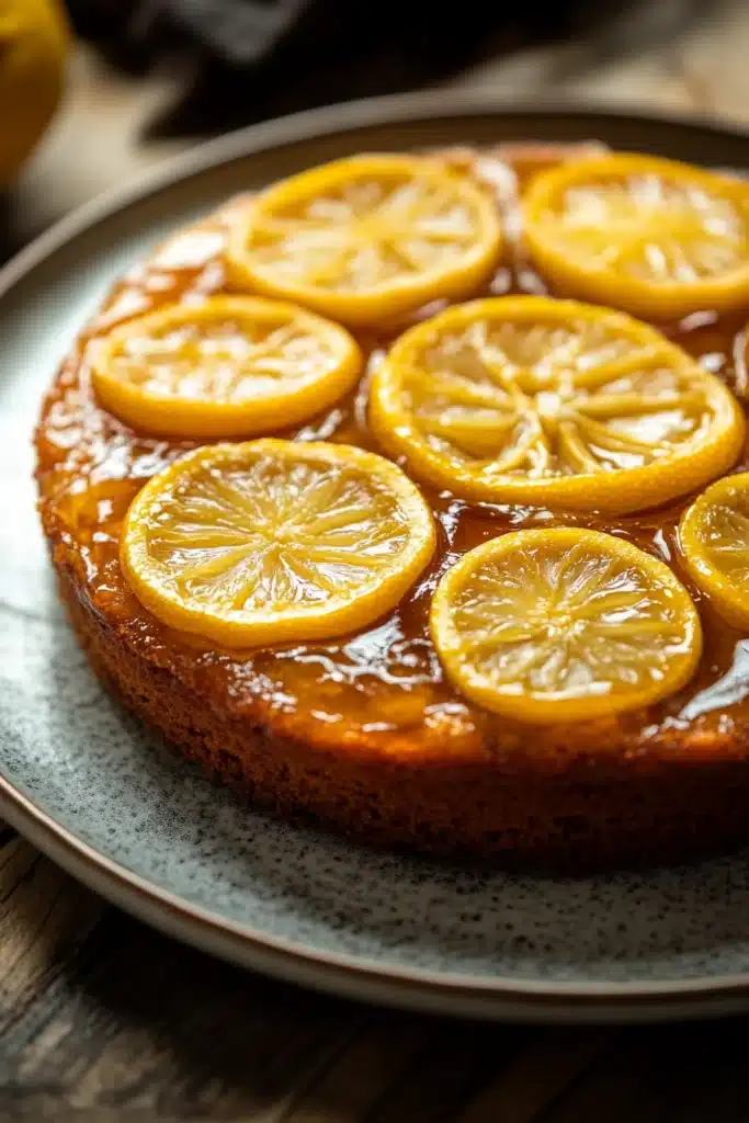 Close-up of a lemon cake upside down with bright, warm lighting and minimal background.
