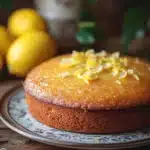 Close-up of a lemon cake with high altitude adjustment, showcasing its bright, textured surface.