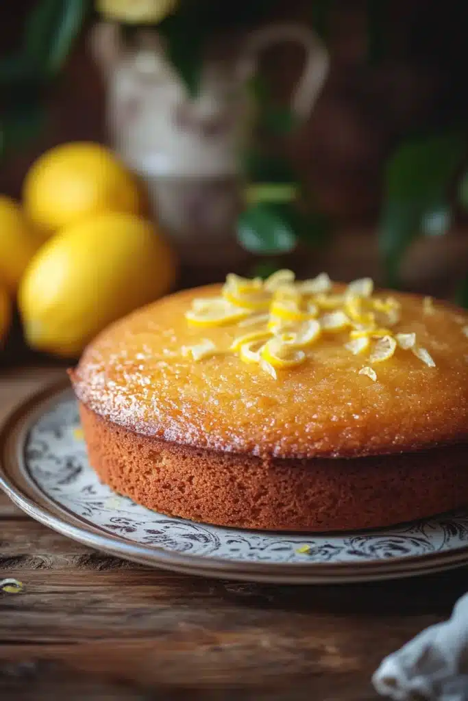 Close-up of a lemon cake with high altitude adjustment, showcasing its bright, textured surface.