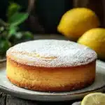 Close-up of a lemon cake with Italian ingredients, beautifully presented with bright lighting.