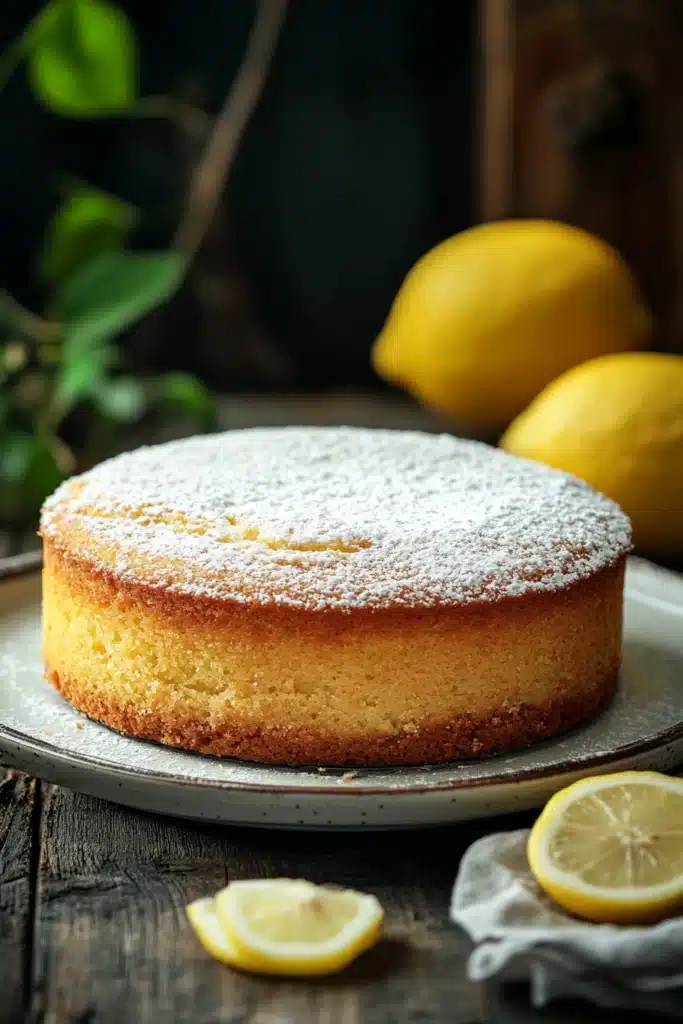 Close-up of a lemon cake with Italian ingredients, beautifully presented with bright lighting.