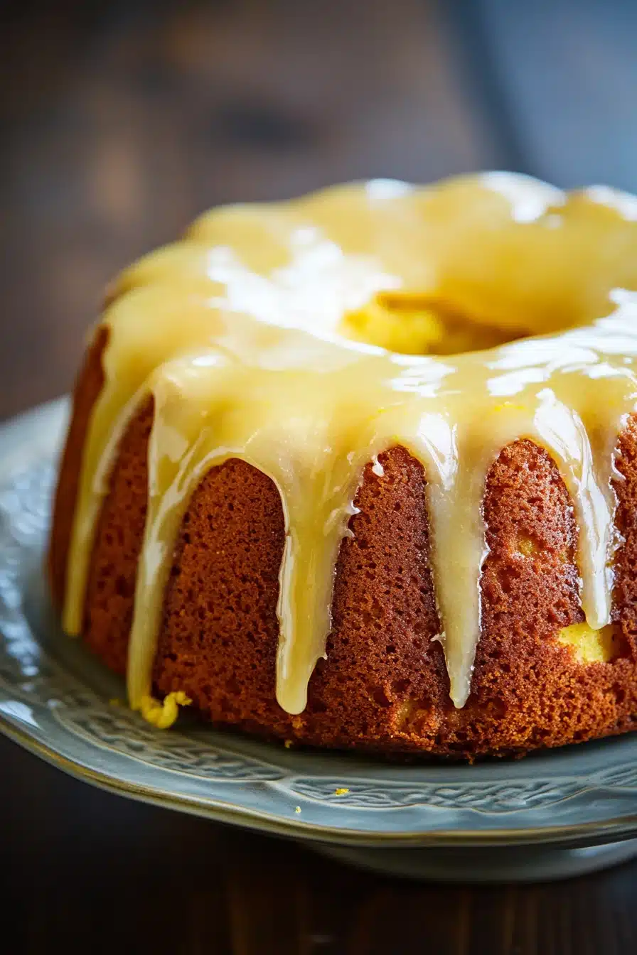 Close-up of a delicious lemon cake with a slice cut out, showcasing its moist texture.