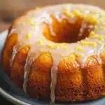 Close-up of a lemon cake with a slice cut out, showcasing its moist texture and vibrant yellow color.