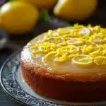 Close-up of a lemon cake with lemon yogurt, showcasing bright and appetizing textures.