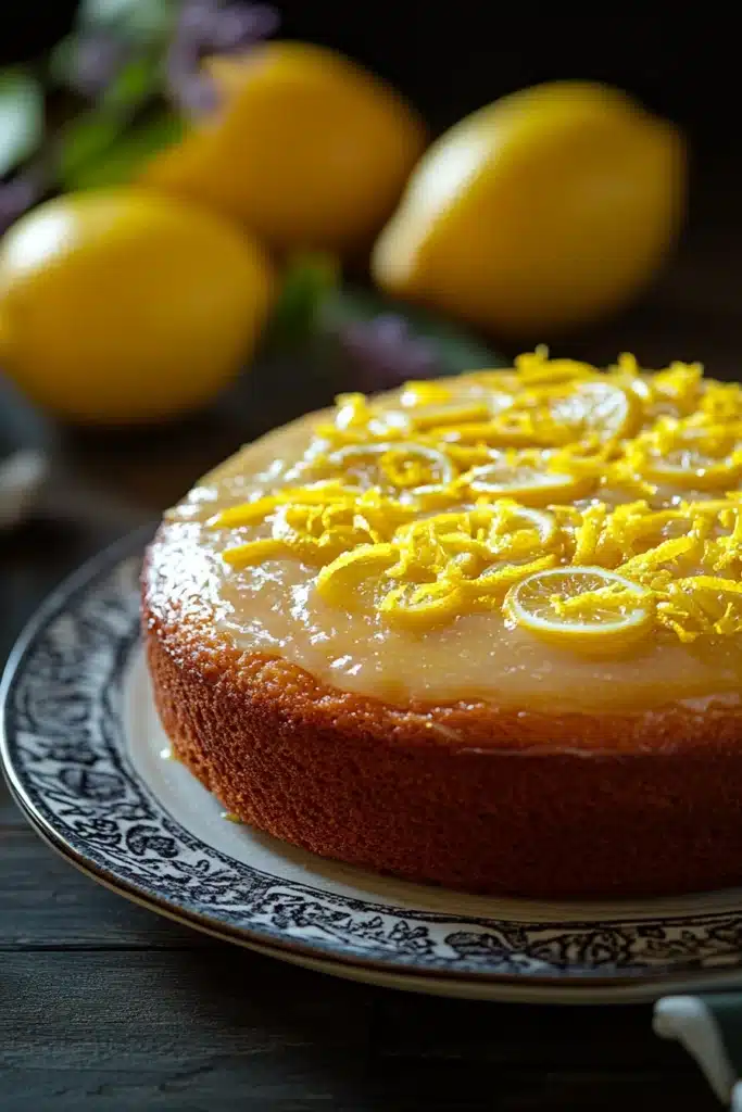 Close-up of a lemon cake with lemon yogurt, showcasing bright and appetizing textures.