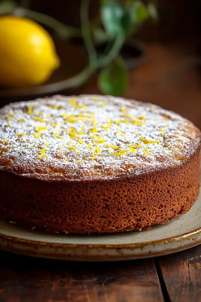 Close-up of a lemon cake with a creamy texture and bright lighting