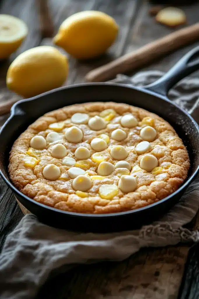 Close-up of a lemon cookie skillet with golden brown edges and a clean background.