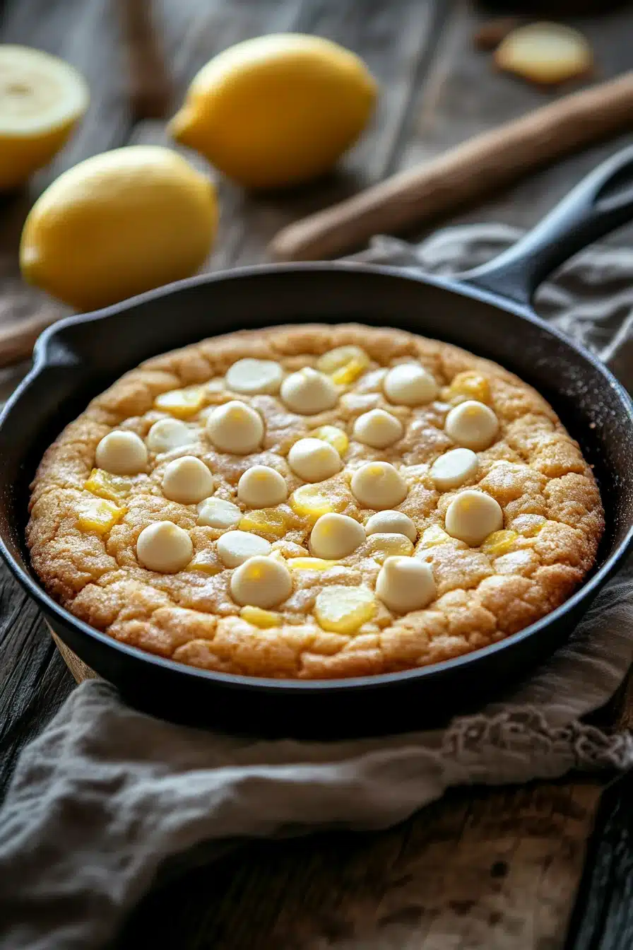 Close-up of a lemon cookie skillet with golden brown edges and a clean background.