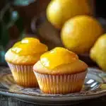 Close-up of a lemon muffin topped with lemon curd on a clean background